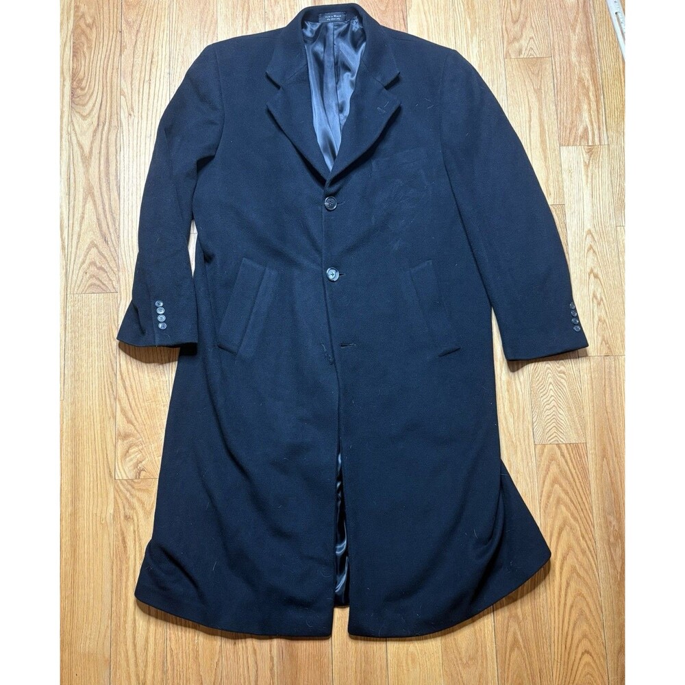 Chaps Ralph Lauren Trench Coat Black Size 46R 100% Cashmere Woven In Italy Flaw